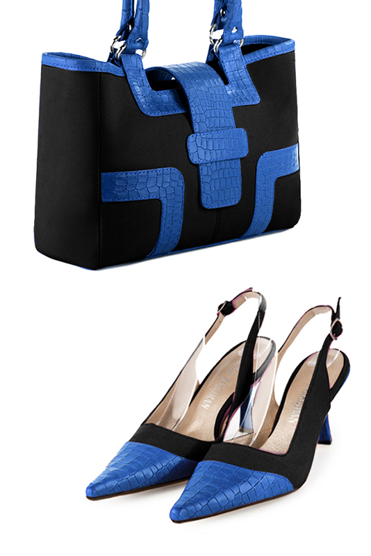Dress handbag in matt black and electric blue leather - Top view